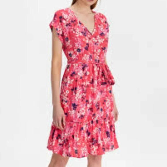 GAP Dresses & Skirts - Gap Red Floral V-Neck Short Sleeve Mini Summer Dress Cotton S